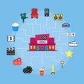 Cartoon Cinema Building and Element Movie Concept . Vector Royalty Free Stock Photo