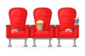 Cartoon cinema chair. Red movie theater seats for comfortable watching film at home, watch night screen in sofa with Royalty Free Stock Photo