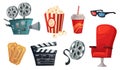 Cartoon cinema elements. Movie theater popcorn, filming cinema clapperboard and retro film camera vector illustration