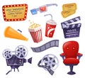 Cartoon cinema elements, movie theater tickets, popcorn. Camera, clapper board, 3d glasses, film tape, filming industry