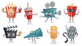 Cartoon cinema mascot. Popcorn in 3D glasses, funny movie film camera and cinemas tickets characters vector illustration