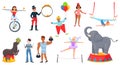 Cartoon circus characters, carnival artists, trained animal performers. Circus elephant, seal, clown, acrobat, magician Royalty Free Stock Photo