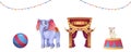 Cartoon circus elements with animals and and entrance to cirque