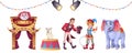 Cartoon circus elements with clown, magician man and animals Royalty Free Stock Photo