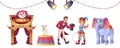 Cartoon circus elements with clown, magician man and animals Royalty Free Stock Photo