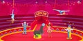 Cartoon circus performers on arena, clown, acrobat, animal trainer. Circus artists on stage, carnival show with acrobats Royalty Free Stock Photo