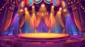 A cartoon circus stage with an arena scene. A carnival tent with round arena scenes. A yellow theater curtain with Royalty Free Stock Photo