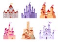 Cartoon citadels. Ancient castle fortress, historic ruins fairytale kingdom king palace princess tower gothic mansion