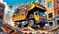 cartoon city construction dump truck demolition debris load