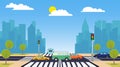 Cartoon city crossroads with cars in traffic jam, sidewalk, crosswalk and urban landscape. City skyline with houses banner. Vector