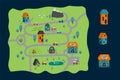 Cartoon city map. Children`s poster in the children`s room or carpet. Children`s pattern background cartoon town with houses, c