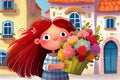 Cartoon city scene with happy girl with basket of flowers - illustration for children\'s book. Close-up pastel drawing.