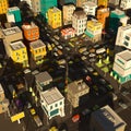 Cartoon city town district. Street Intersection road 3d. Very high detail. Cars end buildings top view. Evening shade.