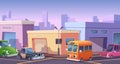 Cartoon city. Urban landscape with funny vehicles with eyes cars trucks and buses exact vector background illustrations