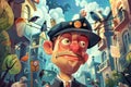 In a cartoon cityscape, birds whimsically interact with a quirky mailman, reflecting a playful and friendly urban life