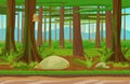 Cartoon classic forest woods landscape with trees, grass and stones. Mountains hills on the background. Landscape for Royalty Free Stock Photo