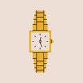 Cartoon classic gold wrist watch. Female wristwatch with metal bracelet, flat expensive time accessory golden jewelry