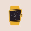 Cartoon classic golden wrist watch. Retro steel wristlet bracelet, flat expensive time accessory gold jewelry. Vector