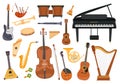 Cartoon classical music instruments, piano, trombone and harp. Folk orchestra equipment, tambourine, pipes, ukulele and