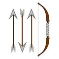 Cartoon Classical Wooden Bow isolated on white background. Medieval Bow with Arrows for Computer Game Design. Vector illustration