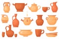 Cartoon clay crockery. Antique ceramico utensils, brown earthenware pot dish vessels cup jug bowl, ancient ceramic Royalty Free Stock Photo