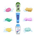 Cartoon clean bath set. Shampoo and liquid soap with dispenser, soap and colorful spoonges. Trendy stylized vector icon