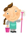 Cartoon cleaner woman with tools on white background illustration