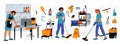 Cartoon cleaning service equipment. Professional housekeeper accessories. Cleaner characters with hygiene tools and