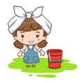 Cartoon cleaning service girl in formal clothes and headscarf.