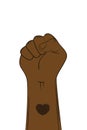 Cartoon clenched hand in a fist isolated on white background. Heart symbol on wrist. Black Lives Matter protest in USA. Vector Royalty Free Stock Photo