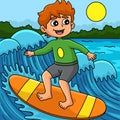 Boy Surfing in Summer Colored Cartoon Illustration Royalty Free Stock Photo