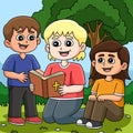 Christian Children Reading a Bible Colored Cartoon