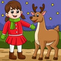 Christmas Girl And Reindeer Colored Cartoon