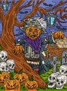 Halloween Scarecrow Standing Tree Colored Cartoon
