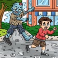 Zombie Chasing Child Colored Cartoon Illustration