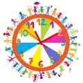 Cartoon clock with stylized colored kids