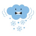 Cartoon cloud shivers from the cold and pours snow, kawaii style, flat style.