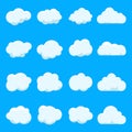 Cartoon cloud of sky on blue background.Graphic heaven in vintage style.Flat collection of blue cloud. Set icons of cloud shape.