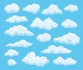 Cartoon clouds. Blue cloudy sky with white floating fluffy cloud shapes. 2d game, atmospheric vector isolated elements Royalty Free Stock Photo