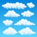 Cartoon clouds in blue sky. Cloudscape isolated on background. Heaven. Vector flat design Royalty Free Stock Photo