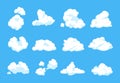 Cartoon clouds. Blue sky panorama heaven atmosphere vintage 2D fluffy white element flat cloudy shape. Vector set Royalty Free Stock Photo