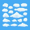 Cartoon clouds on blue sky panorama vector collection. Cloudscape in blue sky, white cloud illustration Royalty Free Stock Photo