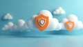 Cartoon clouds show data protection. Orange shield ensures cyber safety in cloud. Data protection from digital threat on Royalty Free Stock Photo