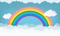 Cartoon cloudscape background with paper clouds and rainbow. Cloudy landscape wallpaper. Royalty Free Stock Photo