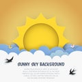 Cartoon cloudscape background with sun, clouds, flying birds, butterflies. Cloudy scenery background. Royalty Free Stock Photo