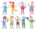 Cartoon clown character funny circus man clownery colorful friendly costume male clownish artist vector illustration. Royalty Free Stock Photo