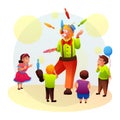 Cartoon clown juggler showing tricks for kids