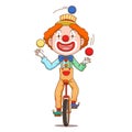 Cartoon clown juggling with colorful balls and riding one wheel bike. Royalty Free Stock Photo