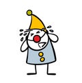 Cartoon clown with red nose and hat is crying loudly, sobbing in the circus arena. Vector illustration of performance in