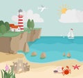 Cartoon coast landscape, seascape with sand, waves, starfish